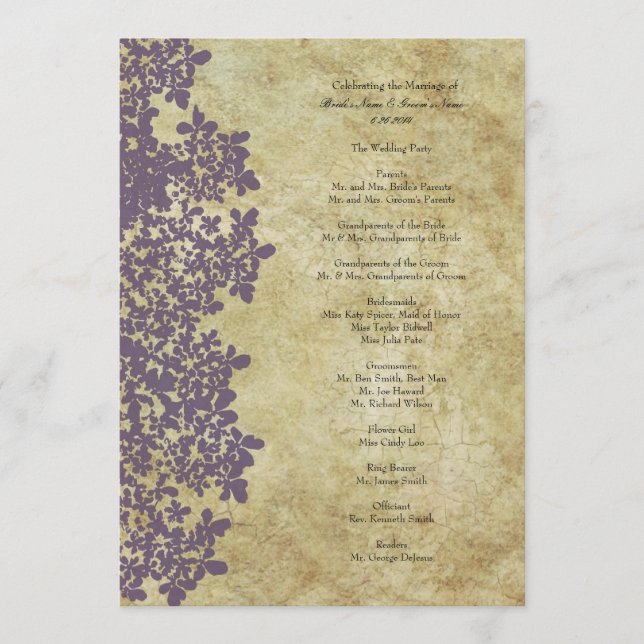 Programa Vintage Purple Queen Ann's Lace Wedding Program (Frente)