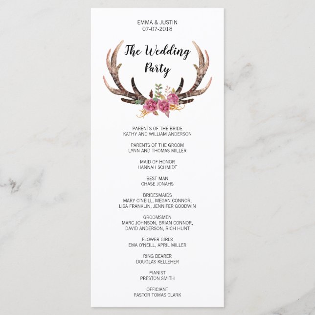 Programa Watercolor Deer Antlers Country Weding Rackcard (Frente)