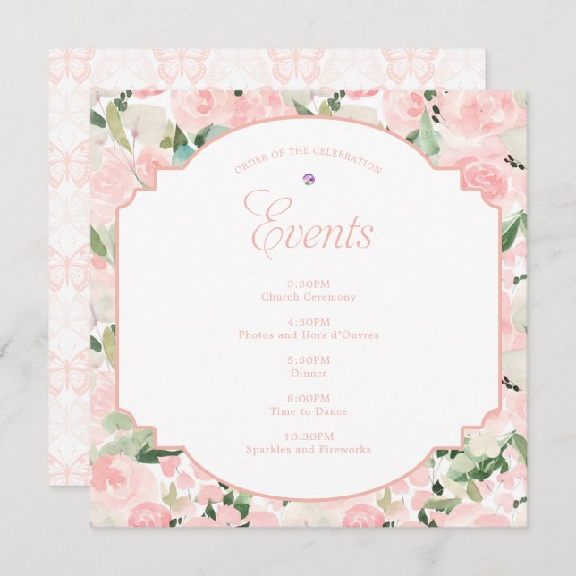 Programa Watercolor Floral Blush Pink Butterfly Party (Frente/Verso)
