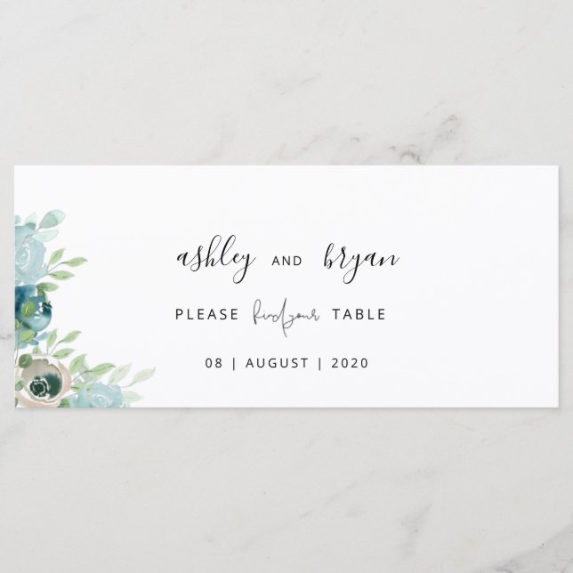 Programa Wedding Find Your Table Dusty Blue Floral Card (Frente)