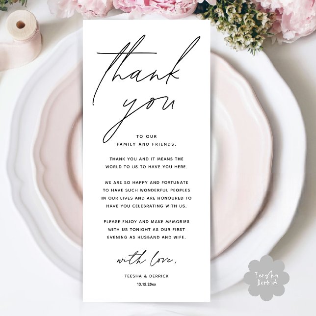 Programa Wedding Minimalist Wedding Dinner Thank You Card (Wedding Minimalist Wedding Dinner Brunch Lunch Reception Thank You Card in Black and white)