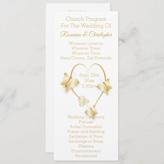 Programa Wedding Program Gold Coloured Heart Butterfly (Frente/Verso)