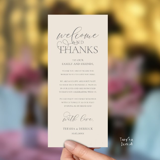 Programa "Welcome and Thanks" Classy Reception Guest Card ("Welcome and Thanks" Classy Wedding Romantic Reception Guest Card in cream grey)