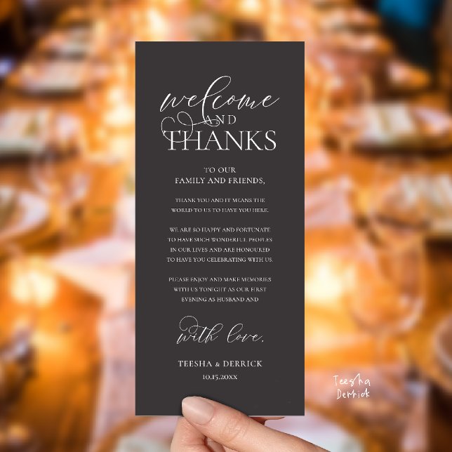 Programa "Welcome and Thanks" Classy Reception Guest Card ("Welcome and Thanks" Classy Wedding Romantic Reception Guest Card in charcoal grey)