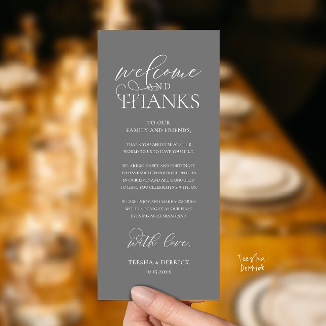 Programa "Welcome and Thanks" Classy Reception Guest Card ("Welcome and Thanks" Classy Wedding Romantic Reception Guest Card in dark grey)