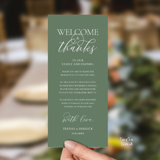 Programa "Welcome and Thanks" Elegant Reception Guest Card ("Welcome and Thanks" Elegant Wedding Reception Guest Thank you Card in Sage Green)