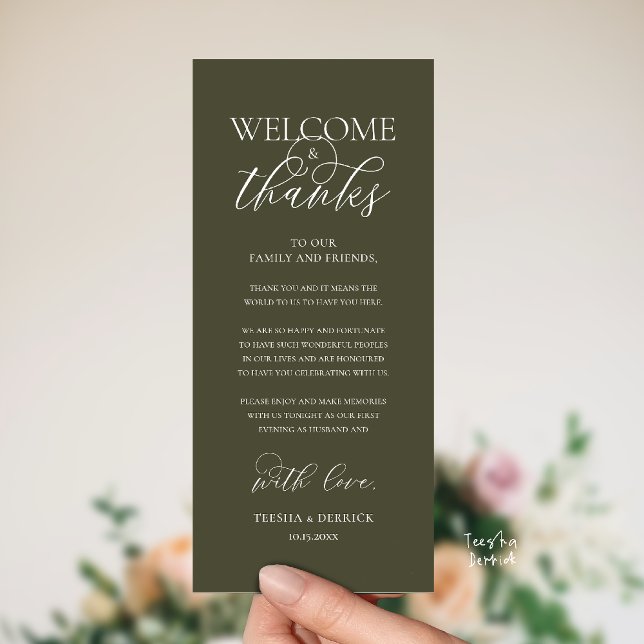 Programa "Welcome and Thanks" Elegant Reception Guest Card ("Welcome and Thanks" Elegant Wedding Reception Guest Thank you Card in Olive Green)