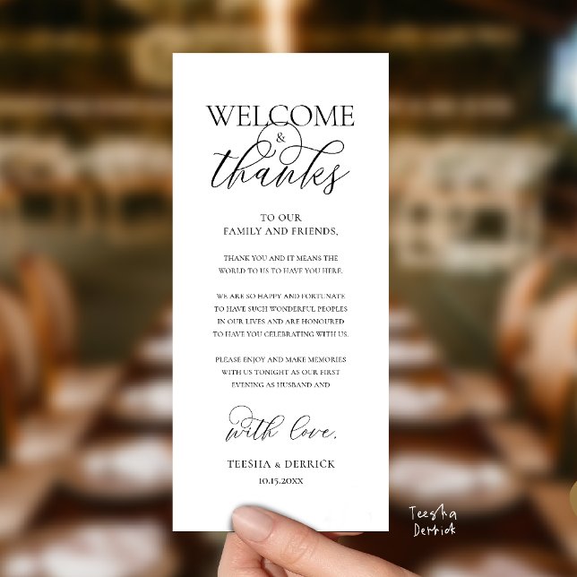 Programa "Welcome and Thanks" Elegant Reception Guest Card ("Welcome and Thanks" Elegant Wedding Reception Guest Thank you Card in Black and white)