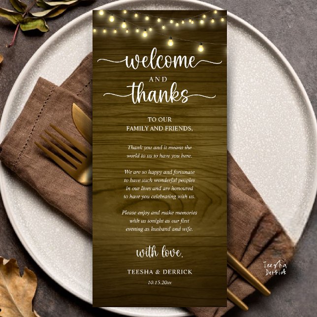 Programa "Welcome and Thanks" Rustic Reception Guest Card ("Welcome and Thanks" Rustic Reception dinner Guest thank you Card in string lights brown wood)