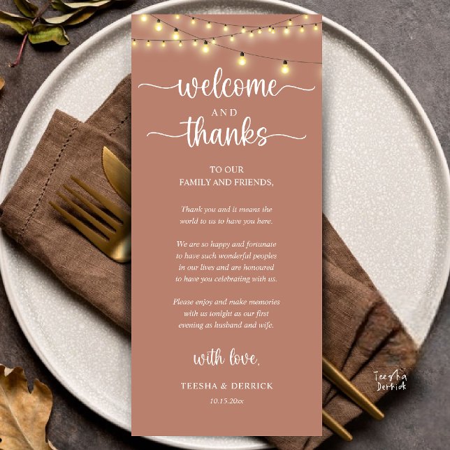 Programa "Welcome and Thanks" Rustic Reception Guest Card ("Welcome and Thanks" Rustic Reception dinner Guest thank you Card in string lights terracotta earthy)