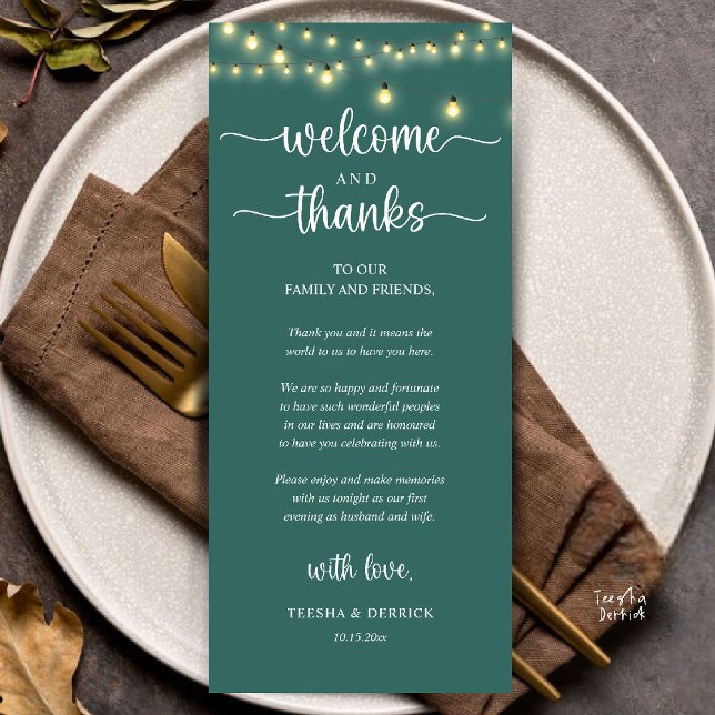 Programa "Welcome and Thanks" Rustic Reception Guest Card ("Welcome and Thanks" Rustic Reception dinner Guest thank you Card in string lights teal green)