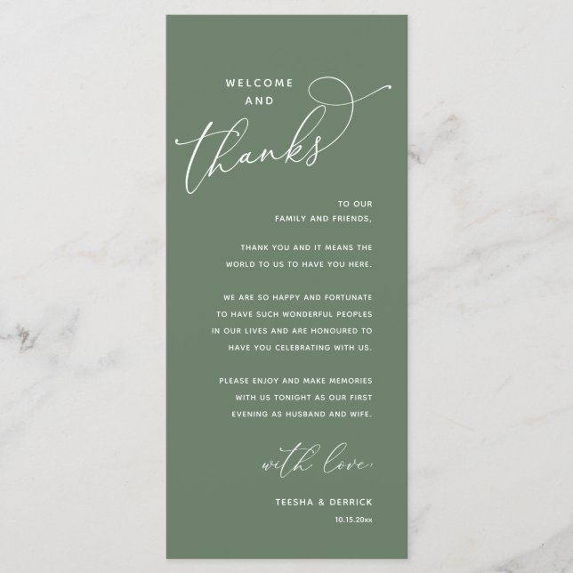 Programa Welcome and Thanks, Wedding Dinner Thank You Card (Frente)
