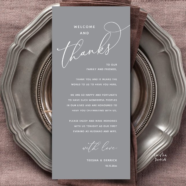 Programa Welcome and Thanks, Wedding Dinner Thank You Card (Welcome and Thanks, Happily Ever After Modern Wedding Dinner Thank You Card in Classy Dark Grey)