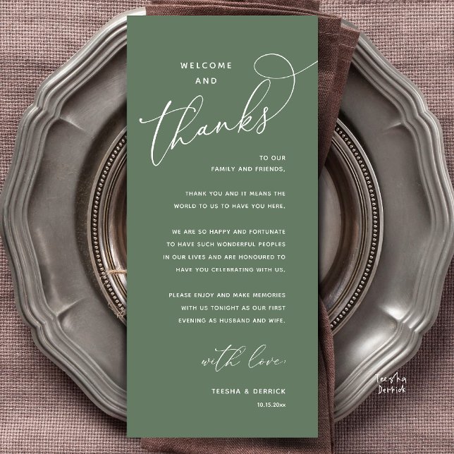Programa Welcome and Thanks, Wedding Dinner Thank You Card (Welcome and Thanks, Happily Ever After Modern Wedding Dinner Thank You Card in Classy Sage Green)