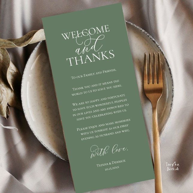 Programa Welcome and Thanks Wedding Dinner Thank You Card (Welcome and Thanks Wedding Reception Dinner Thank You Card in Sage Green)