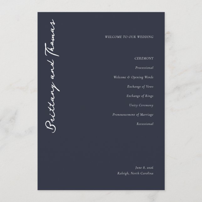 Programa WELCOME TO OUR WEDDING Elegant Navy Blue Serif (Frente)