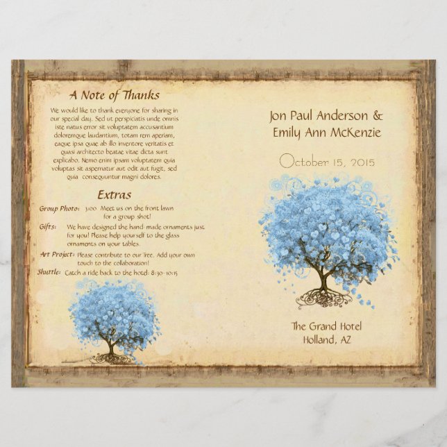 Programa Whimsical Blue Heart Leaf Tree Weding (Frente)