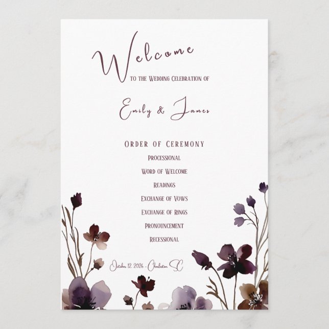 Programa Wine Red Plum Mauve Fall Floral Wedding (Frente)