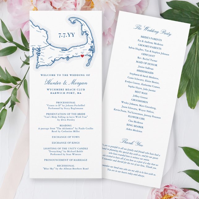 Programa Wychmere Cape Cod Marinho Casamento Destino (Wychmere Beach Club Wedding Program with Harwich Port MA Cape Cod Map in elegant navy blue )