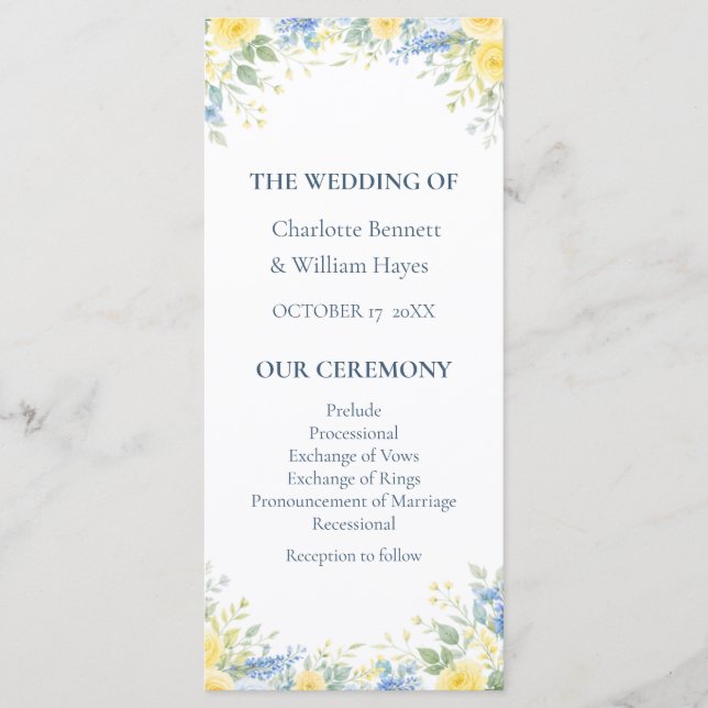 Programa Yellow Blue Watercolor Floral Wedding Program (Frente)