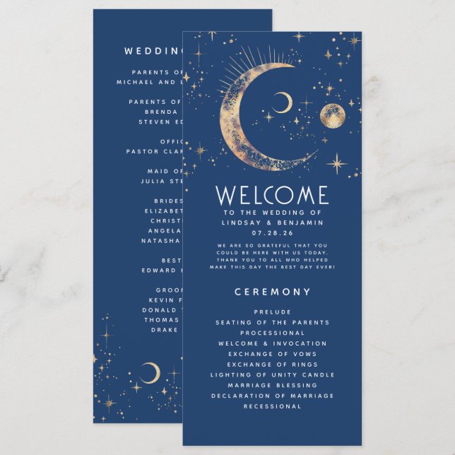 Programas de Casamento Azul e Dourado do Marinho C (Frente/Verso)