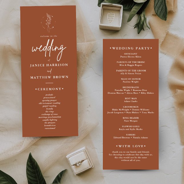 Programas de Casamento Boho Laranja Queimado Minim (Minimalist burnt orange boho wedding programs add warm elegance and guide your ceremony flow.)