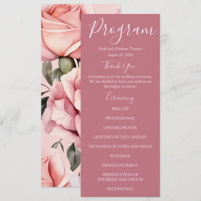 Programas de Casamento com Rosas Rosa Malva e Rosa (Frente/Verso)