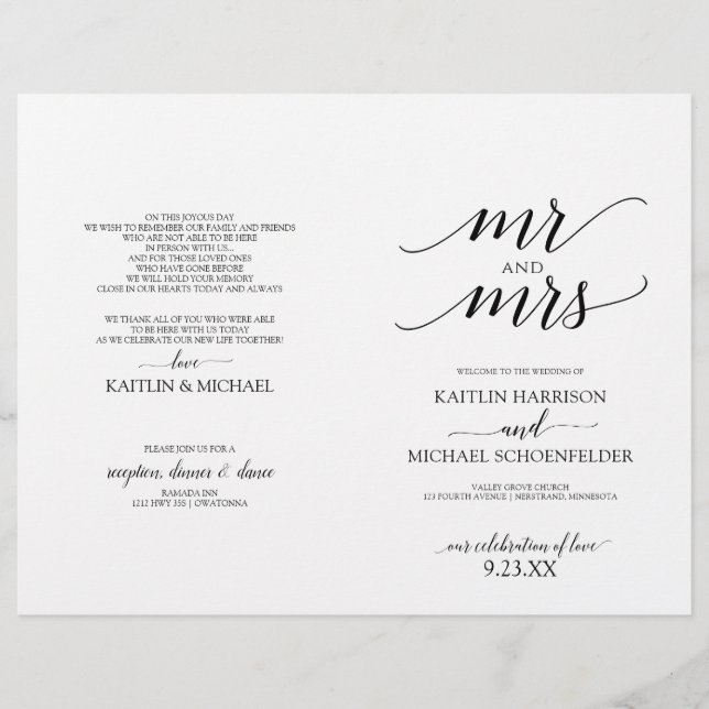 Programas de Casamento com Tipografia Elegante em  (Frente)