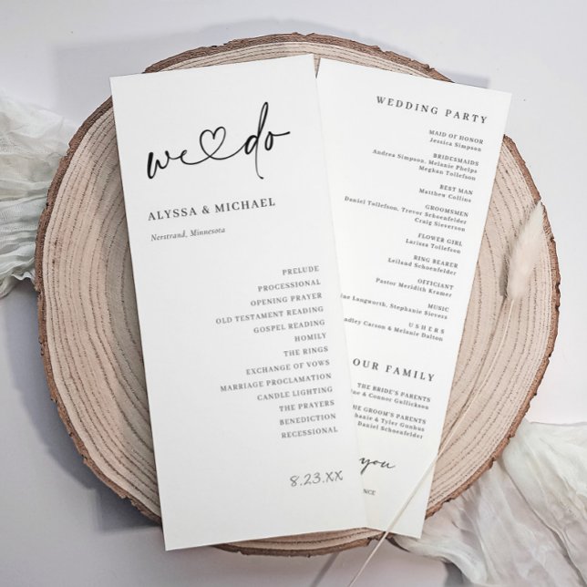 Programas de Casamento Coração Simples Letra Moder (Modern black and white wedding program with elegant handwritten script and minimalist design)