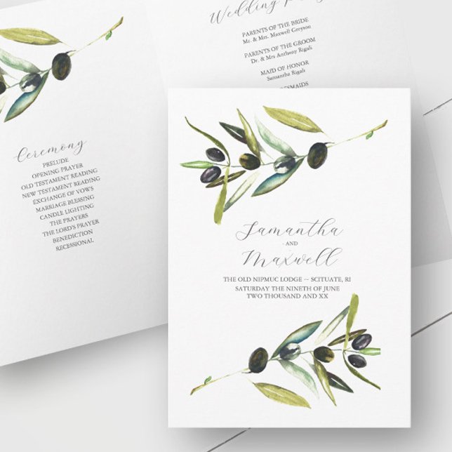 Programas de Casamento Cores de Água Folha (Rustic wedding program watercolor olive branch art by Victoria Grigaliunas of Do Tell A Belle)