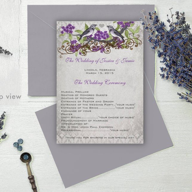 Programas de Casamento Damask Pássaros Roxos Vinta (Criador carregado)