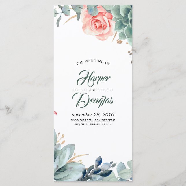Programas de Casamento de Flores Rosa e Verde Esbr (Frente)