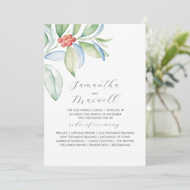 Programas de Casamento de Natal Elegante Greenery  (Em pé/Frente)