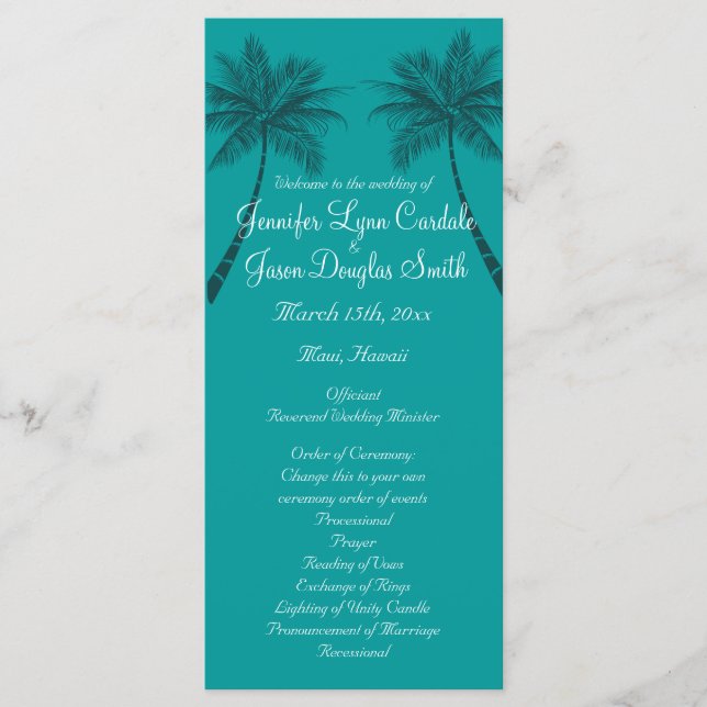 Programas De Casamento De Palm Trees Teal Blue Bea (Frente)