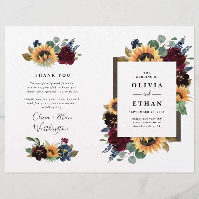 Programas de Casamento Dobrado de Azul de Girassol (Frente)