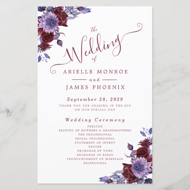 Programas de Casamento Florais Roxo e Branco (Frente)