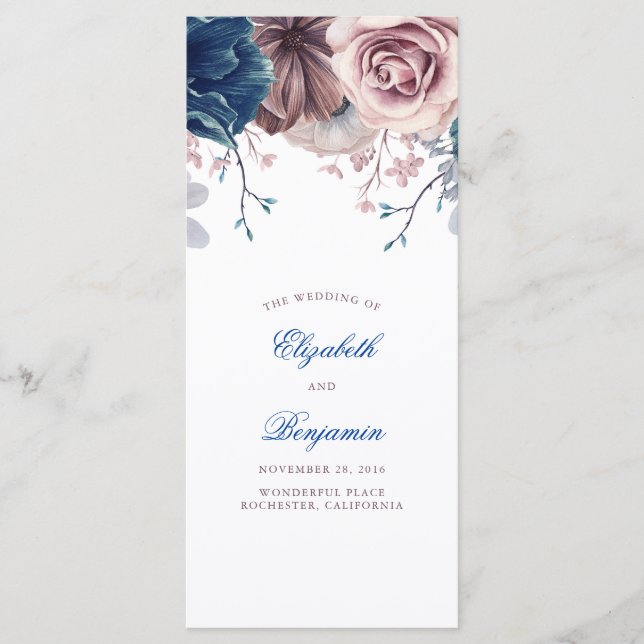 Programas de Casamento Floral de marinho Azul e Ma (Frente)