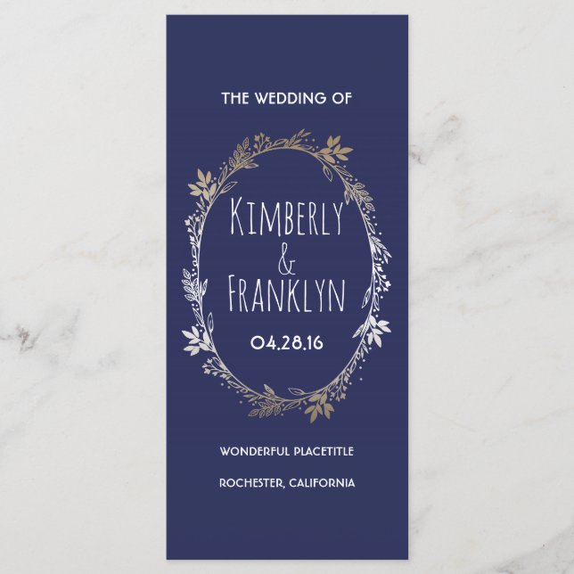 Programas de Casamento Floral de marinho e Dourado (Frente)