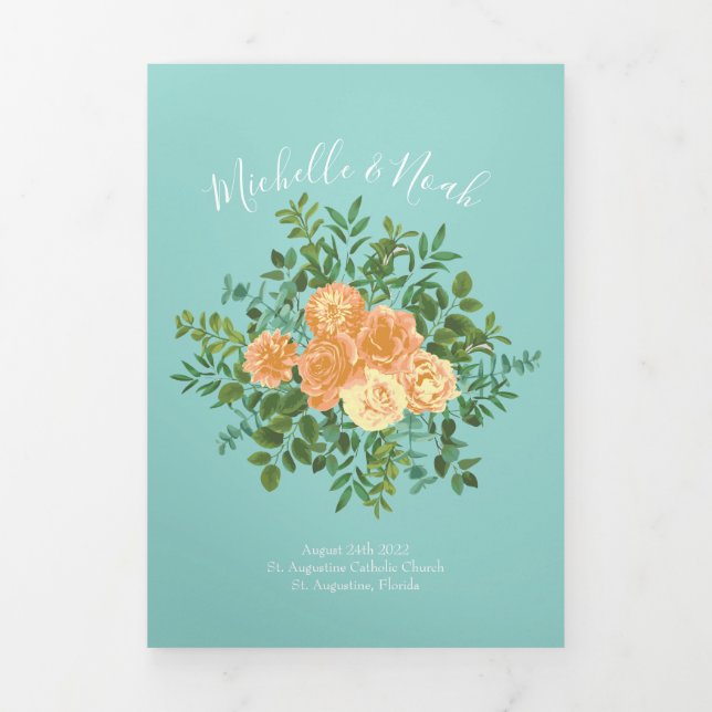 Programas de Casamento Floral de Peach & Aqua Peon (Cobrir)