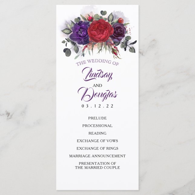 Programas de Casamento Floral de Plum Purple e Bor (Frente)