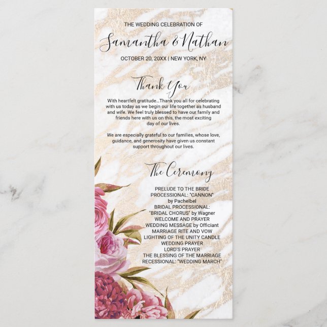 Programas de Casamento Floral Dourado de Mármore C (Frente)