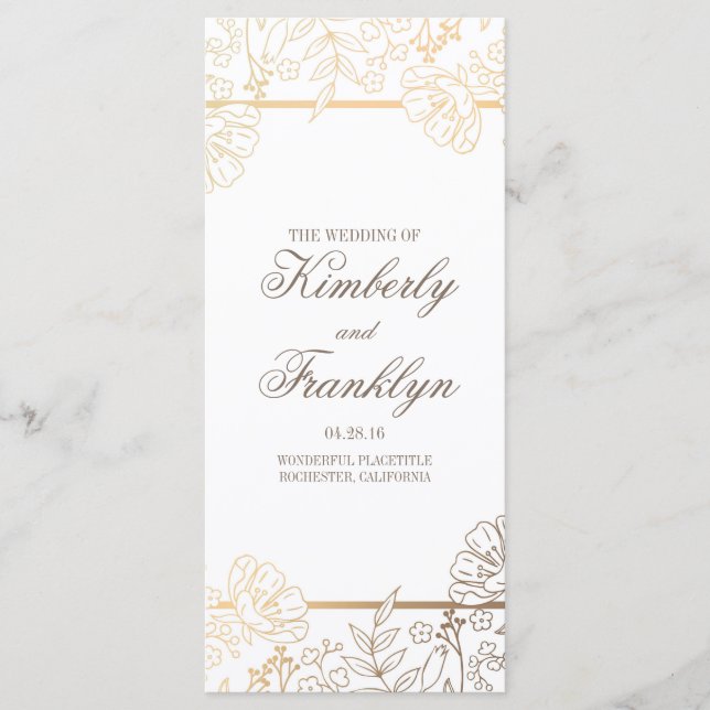 Programas de Casamento Floral Dourado e White Vint (Frente)