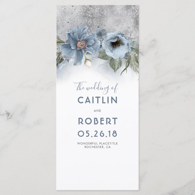 Programas de Casamento Floral Dusty Blue e Silver (Frente)