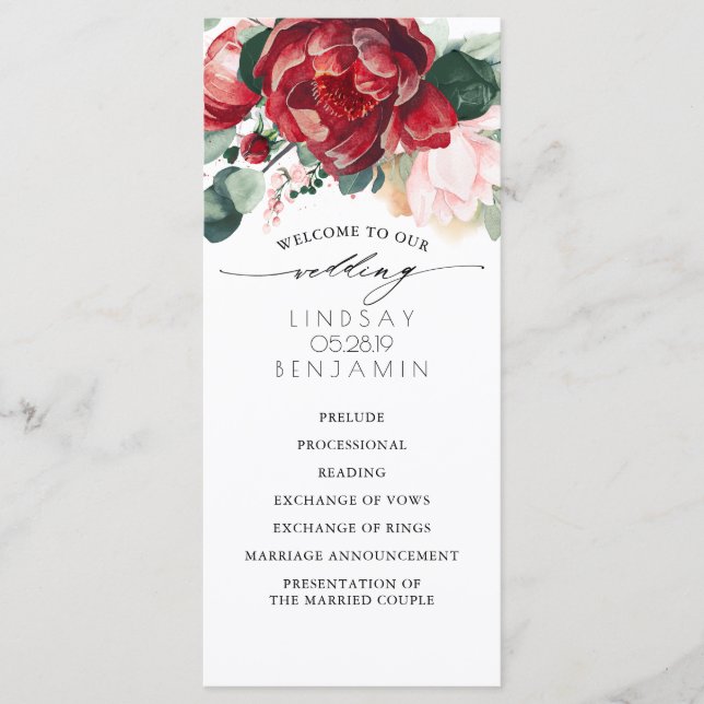 Programas de Casamento Floral Vermelho e Rosa Turc (Frente)