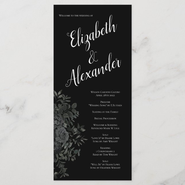 Programas de Casamento Gótico-Rosa branco e preto (Frente)