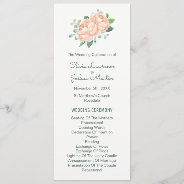 Programas de Casamento Peach Peony & Eucalyptus (Frente)