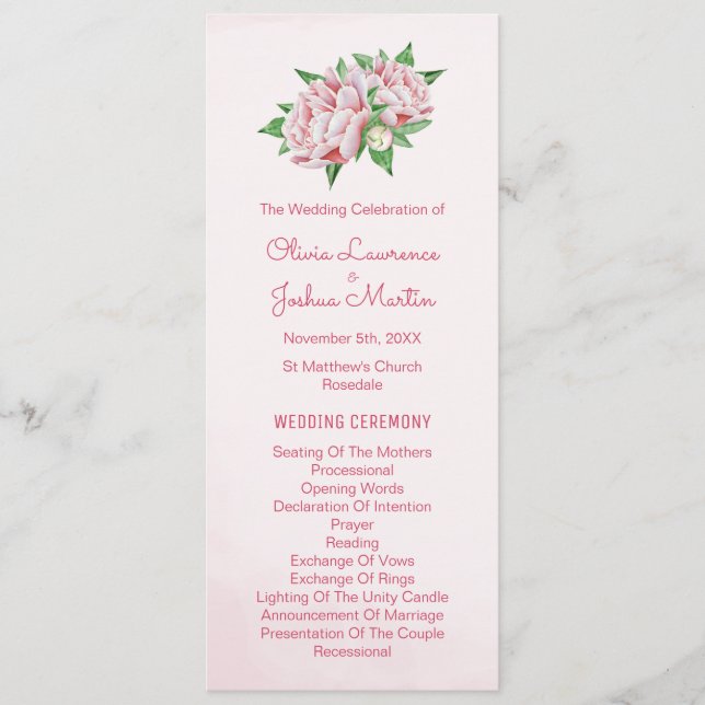 Programas de Casamento Pink Peony Watercolor (Frente)