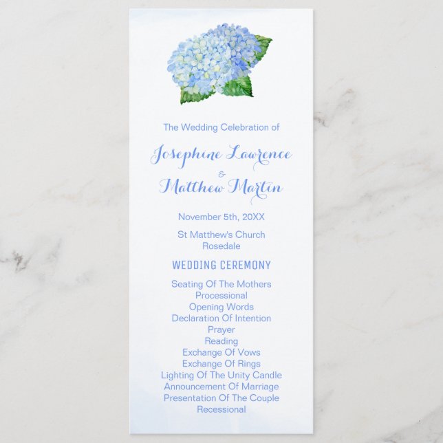 Programas de Casamento por Aquarela Blue Hydrangea (Frente)