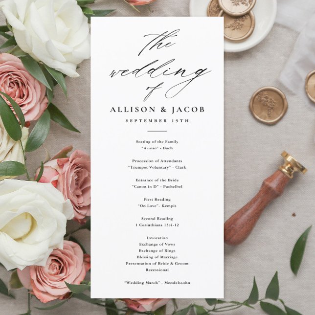 Programas de Casamento Preto e Branco em Letra Ele (Elegant Script Black and White Wedding Program.)