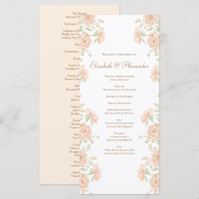 Programas de Casamento Rosa Pêssego (Frente/Verso)